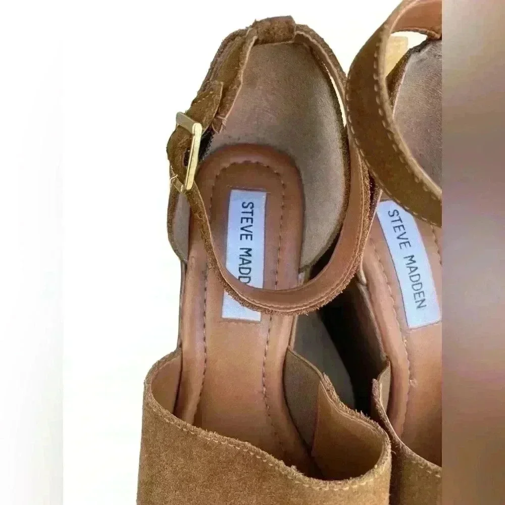 Steve Madden Ankle Strap Bellini Platform Wedge Brown Suede sandals sz 7.5